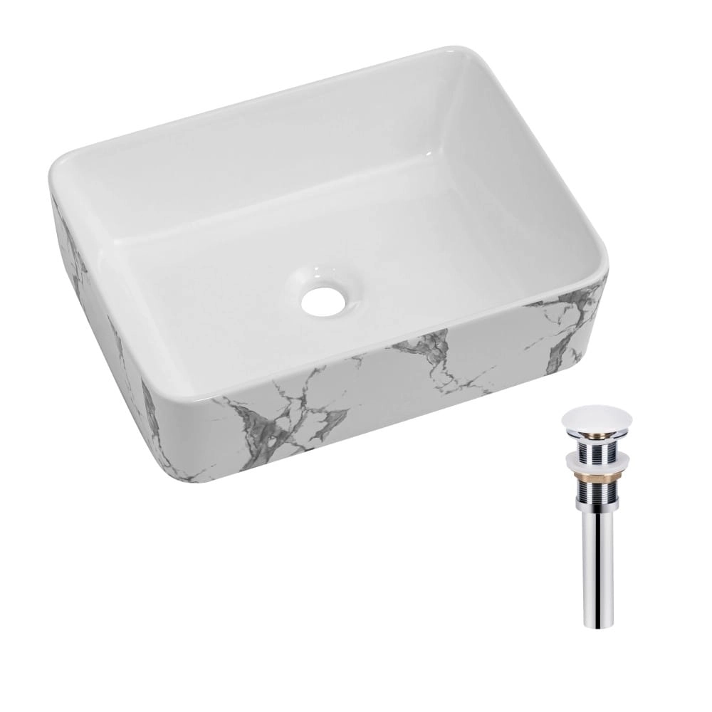 Умывальник накладной Qtap Tern 480х370 прямоугольная, мармур белый + донный клапан (QT17116069MR)