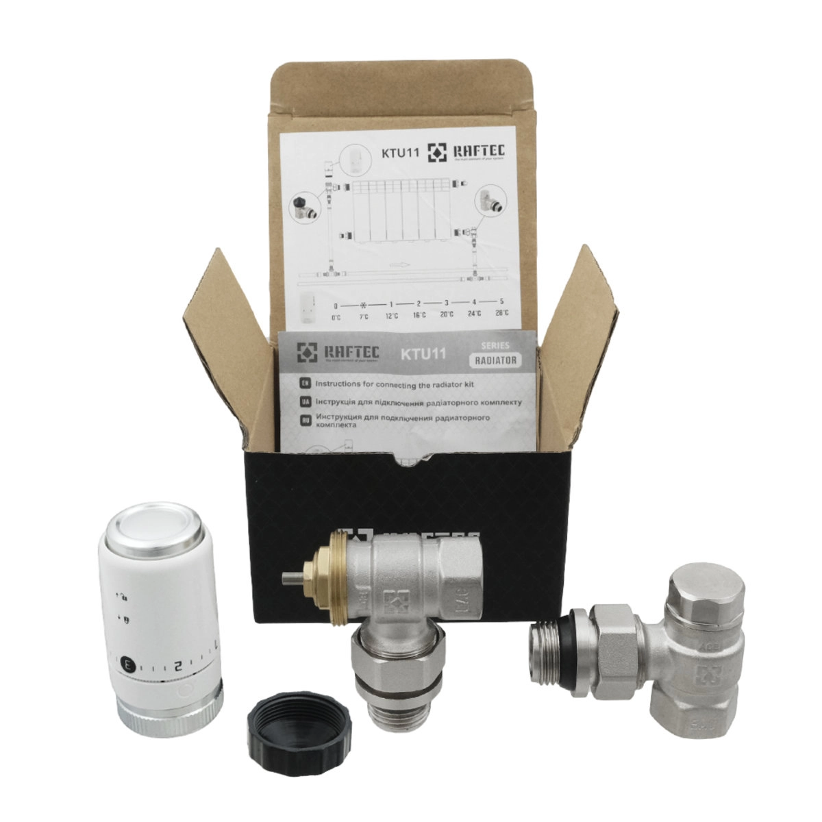 Термостатический комплект Raftec 1/2" НВ угловой, белый (KTU 11)