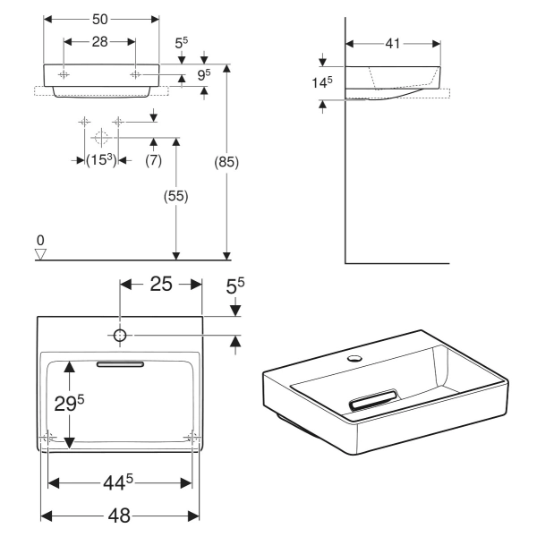 Раковина накладная Geberit One 480x410 прямоугольная, бе ...