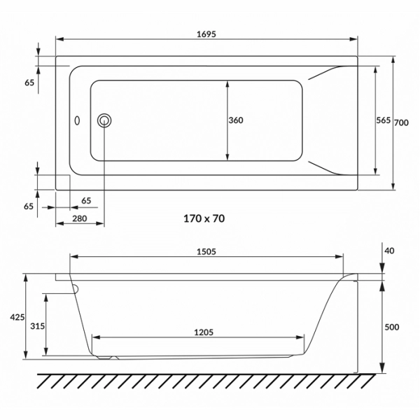 Ванна врезная VOLLE Solo 170x70 акриловая, белая глянцев ...