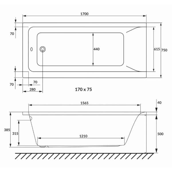 Ванна пристенная VOLLE Solo 170x75 акриловая, белая глян ...