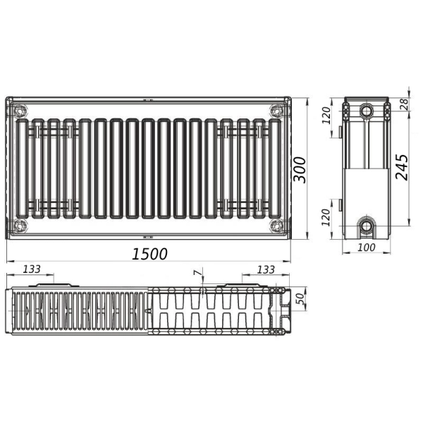 Стальной радиатор KALITE 300x1500 тип 22, боковое подклю ...