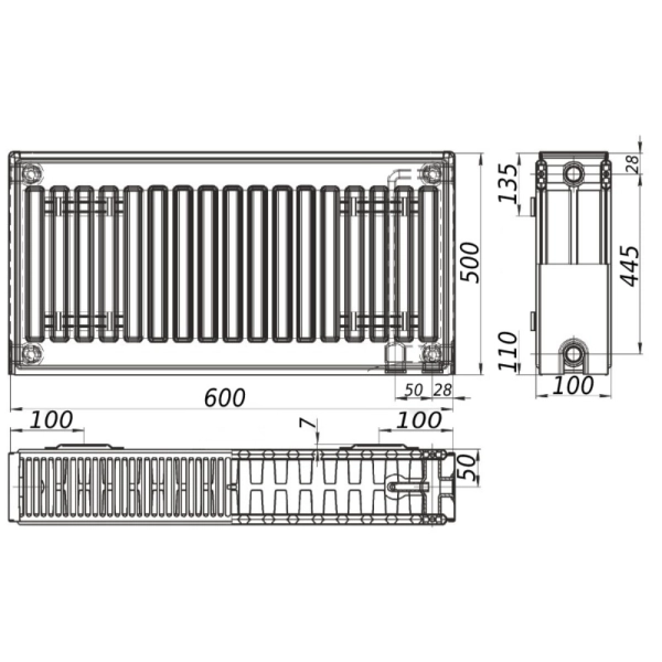 Стальной радиатор KALITE 500x600 тип 22, нижнее подключе ...