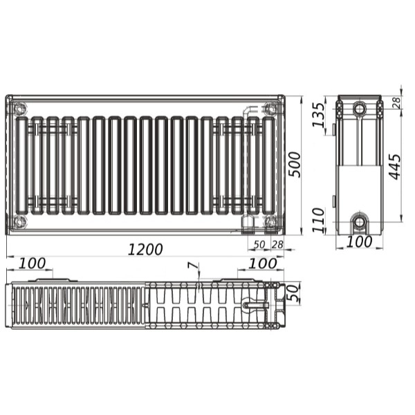 Стальной радиатор KALITE 500x1200 тип 22, нижнее подключ ...