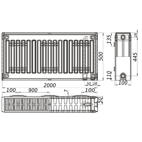 Стальной радиатор KALITE 500x2000 тип 22, нижнее подключ ...