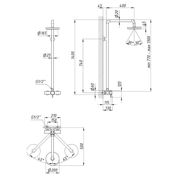 Душевая система Wezer EKO16C-01 с регулировкой высоты, н ...